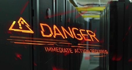 Projecting glowing DANGER IMMEDIATE ACTION REQUIRED graphic across datacenter aisle, showing racks