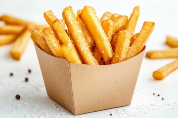 Crispy golden french fries served in a paper cup on a light background, perfect for a snack or side dish at any time of day