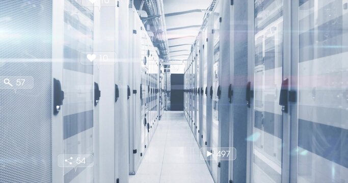 Leading long narrow data center aisle showing server cabinets with digital icons on glass doors