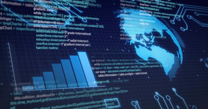 Displaying analytics dashboard projecting data flow on dark grid backdrop, with globe, bars, code