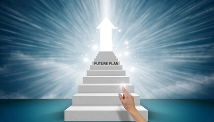 Finger touching a step on a staircase leading to a bright light and arrow future plan
