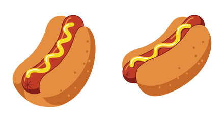 Two cartoon hot dogs with mustard on soft golden brown buns