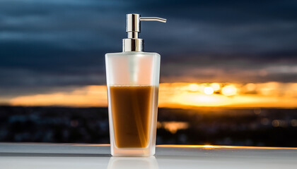 Frosted Glass Soap Dispenser with Brown Liquid Against Sunset Sky Backdrop Keywords: soap dispenser, liquid soap