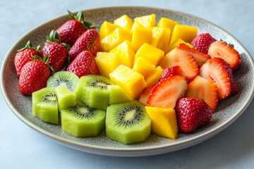 Colorful fruit platter with strawberries, mangoes, and kiwis arranged on a decorative plate for a fresh and healthy snack in the afternoon