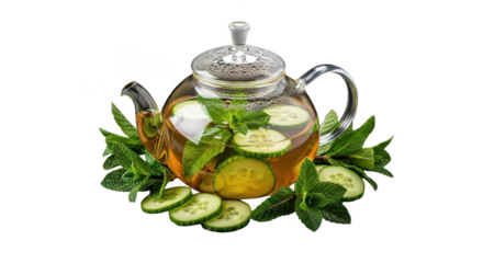 Refreshing glass teapot filled with herbal tea cucumber slices and mint leaves isolated on transparent background
