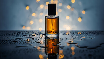 Glass Perfume Bottle with Amber Liquid and Water Droplets on Reflective Surface image photo