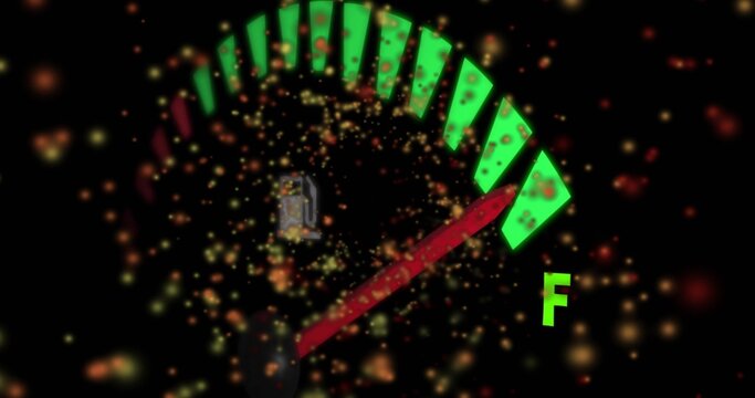 Glowing fuel gauge showing green segments, red needle pointing toward letter F on black with sparks