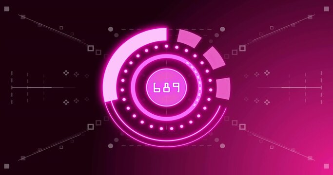 Animating neon circular HUD displaying numeric readout 689 on UI, pulsing concentric dotted ring