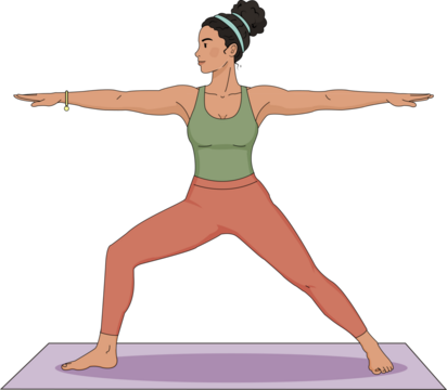 Woman practicing warrior two yoga pose on mat - mindful fitness illustration