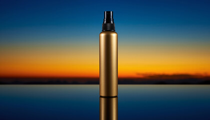 Gold spray bottle standing upright against a sunset sky and water reflection metallic container
