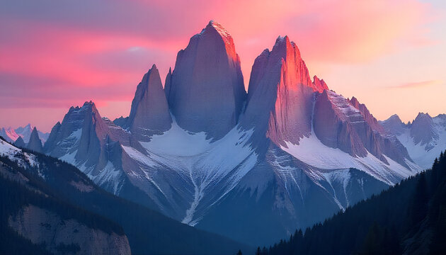 Dolomites Enrosadira Phenomenon: Pale Grey Limestone Spires Turning Pink and Orange in Dawn Light