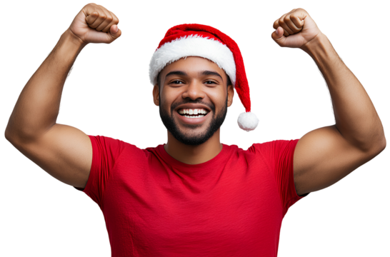 Enthusiastic Black Man with Santa Hat Celebrates Holiday Success with Raised Fists on Transparent Backdrop