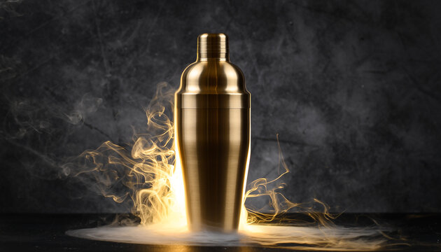Golden cocktail shaker with dramatic smoke and dry ice effect on dark background barware