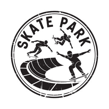 Skate park emblem with skateboarders in action