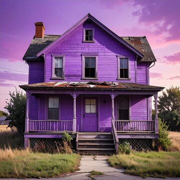 A faded purple two-story house with a porch and overgrown yard sits under a vivid, colorful sunset sky