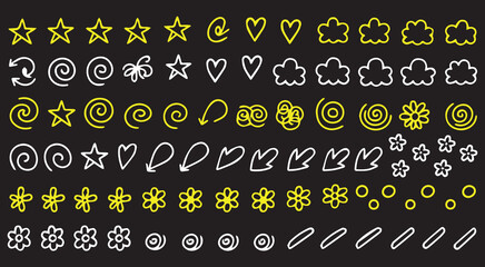Collection of hand drawn decorative elements including stars hearts flowers and swirls in yellow and white on black background