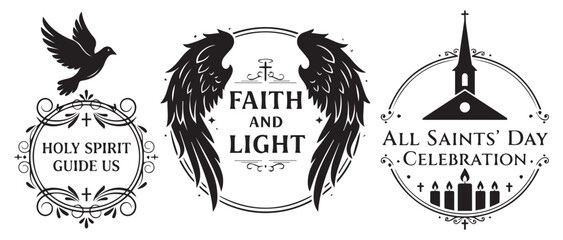 Collection of three ornate religious graphic elements featuring a dove angel wings and a church for spiritual and celebratory themes