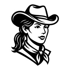 Cowgirl Vector Illustration – Black and White Western Woman Portrait in Hat and Bandana for Vintage Rodeo, Farm, or Cowboy Design