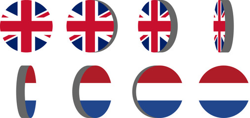 3D Style 8-Frame Sprite Sheet of Rotating Round Circular United Kingdom and Netherlands Flags for English and Dutch Language Selection 2D Animation in Game and App Interface. Vector Image.