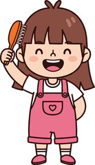 Cartoon child brushing hair with orange brush, wearing pink overalls and smiling—vector illustration for grooming, hygiene, and kids content.