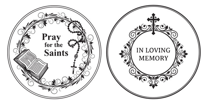 Elegant oval religious memorial card with pray for the saints and in loving memory text and ornate borders