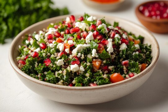 Colorful quinoa salad with pomegranate and feta cheese displayed on a rustic table at a cozy kitchen - Powered by Adobe