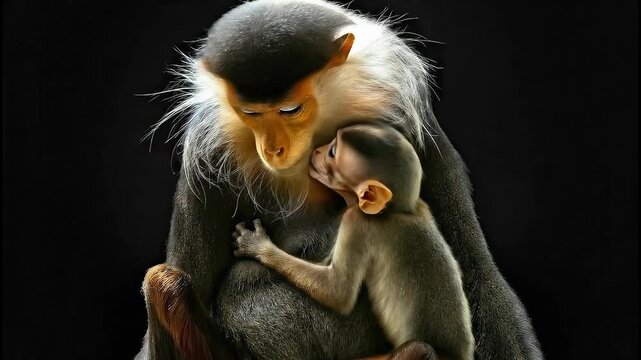 Red-shanked Douc Langur Mother and Baby Monkey Embrace