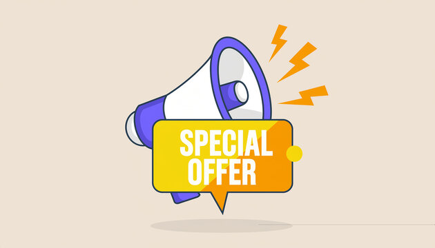 Megaphone Announcing Special Offer with Lightning Bolts and Speech Bubble announcement sale