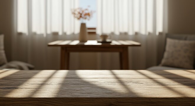 Sunlight streaming through the curtains onto a rustic wooden table
