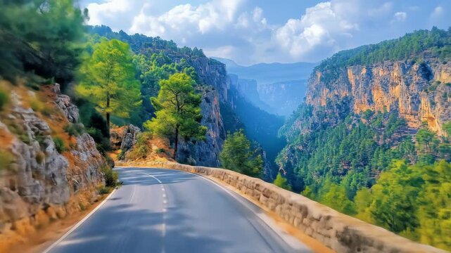 A winding road through a steep mountain gorge. Car is heading into a canyon