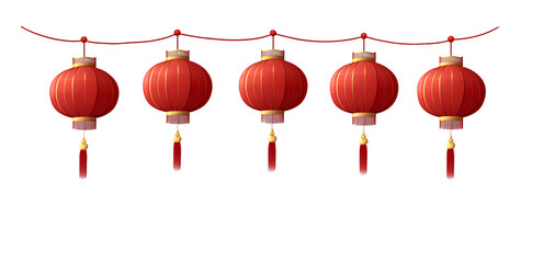 Festive Chinese Lanterns: String of Red Decorations with Tassels on Transparent Backdrop