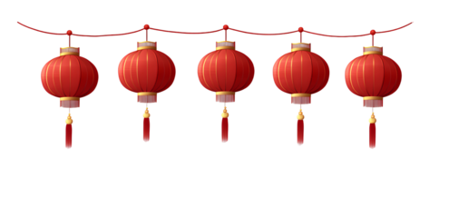 Festive Chinese Lanterns: String of Red Decorations with Tassels on Transparent Backdrop