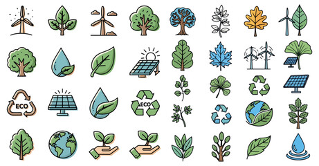 Collection of hand drawn eco friendly symbols and icons representing nature sustainability and renewable energy resources