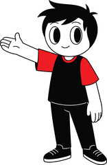 Vector illustration of cartoon character in black and red outfit gesturing with open palm—concept for presentation, welcome, and attention.