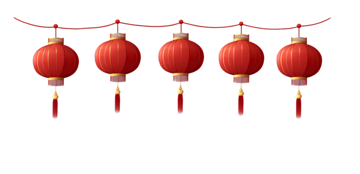 Festive Chinese Lanterns: String of Red Decorations with Tassels on Transparent Backdrop