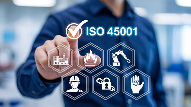 A person touching a digital screen displaying iso 45001 and safety related hexagon icons