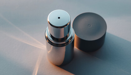 Silver Dispenser Bottle with Cap and Light Reflections on Surface pump