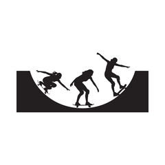 Skateboarder performing tricks in a halfpipe silhouette