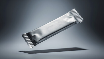 Silver Foil Sachet Packet Floating Against Dark Gray Background with Shadow blank