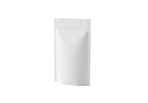 White matte stand-up pouch with a perfectly sealed zipper, unbranded, isolated on a pure transparent background with ample negative space, concept for product packaging mockup