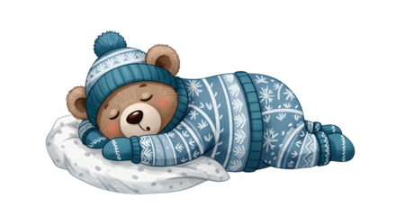 A charming illustration of a sleeping bear cub, nestled peacefully on a soft pillow, adorned in a cozy blue winter sweater and hat, a heartwarming scene of rest and comfort