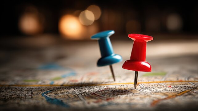 Travel planning concept with red and blue push pins on city map - Powered by Adobe
