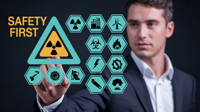 Man interacting with digital safety interface displaying various hazard warning symbols and safety first text