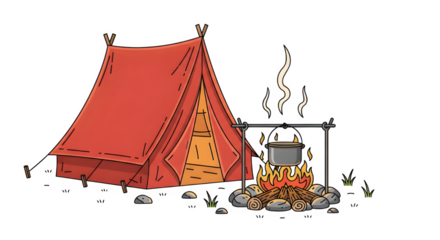 A cozy camping scene featuring a red tent, a crackling campfire with a pot hanging above it, and a serene outdoor setting, perfect for illustrating adventure and nature