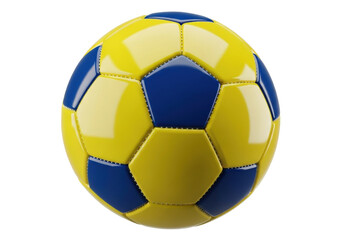 Yellow and blue soccer ball PNG isolated on transparent background, sports equipment for games and recreation, team sport