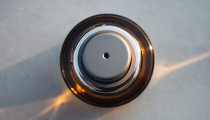 Top View of Amber Glass Bottle with Silver Dispenser and Light Reflections image photo