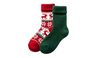 Festive pair of christmas socks, one red with reindeer and snowflake pattern, the other green, perfect for holiday season warmth and style