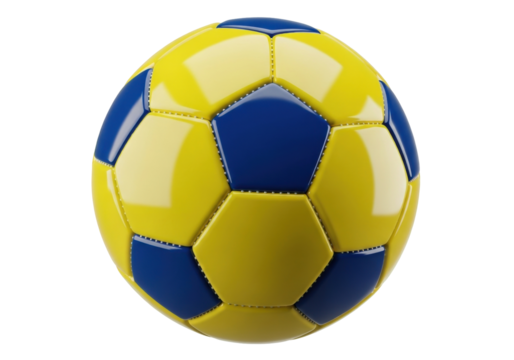 Yellow and blue soccer ball PNG isolated on transparent background, sports equipment for games and recreation, team sport