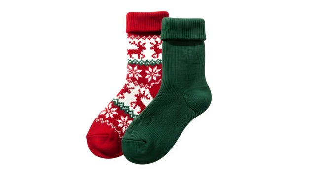 Festive pair of christmas socks, one red with reindeer and snowflake pattern, the other green, perfect for holiday season warmth and style