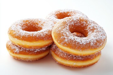 Freshly baked sweet donuts stacked together with powdered sugar on top served on a plain white background perfect for dessert lovers and pastry fans